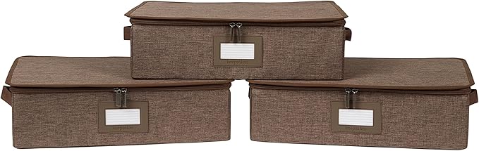 Covermates Keepsakes Zip-Top Storage Box Set, 3 Pack Heavy Duty Polyester Organizer Bins, Stackable Design, ID Window, Reinforced Handles, Closet Home Storage, Brown Heather