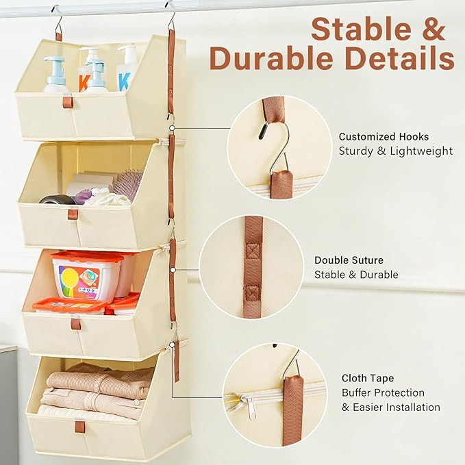 4 Tier Hanging Closet Organizer,Disassemblable Clothes Hanging Shelves,Fabric Closet Organizer System for Space-Saving,Foldable Storage Basket for Bedroom, Rv (2 Pack,Beige)