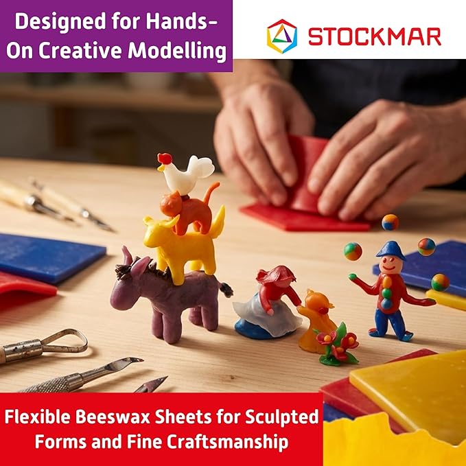 Stockmar Modelling Beeswax Sheets – 3 Assorted Colors of Natural Beeswax for Creative Sculpting, Handwork, and Artistic Projects – Ideal Arts and Crafts Supplies for Artists – Red, Blue, Yellow