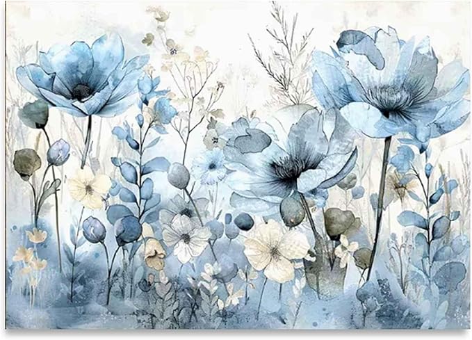 Soft Blue Watercolor Wildflowers Bouquet Paint by Numbers for Adults, Minimalist Floral DIY Painting Kit, Elegant Home Decor 24 Colors 16x20 inch Framed