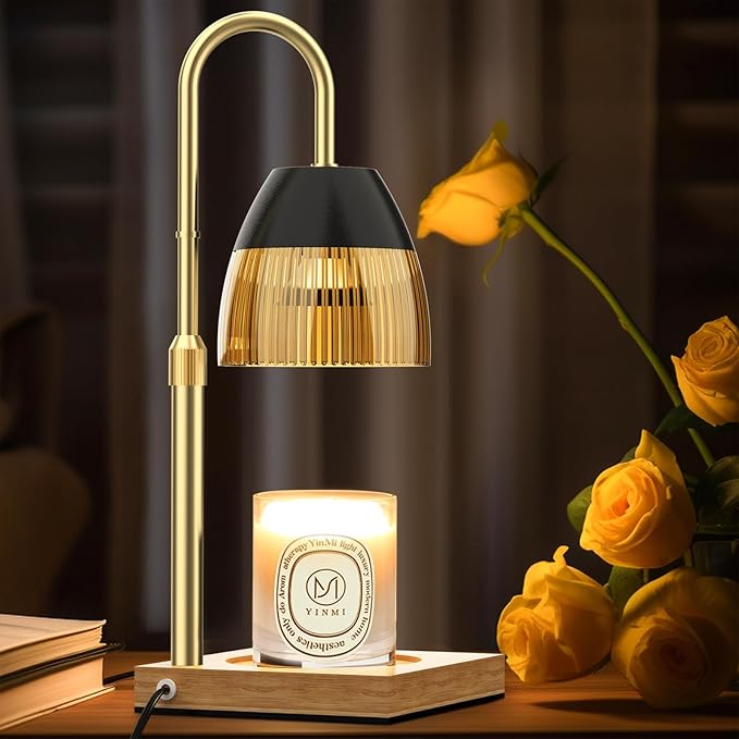 Candle Warmer Lamp with Timer Auto Off, Rose Gold Candle Burning Lamps Dimmable Height Adjustable Wax Melting Bedroom Night Light Metal Glass Lamp with Two GU10 Bulbs-Gift