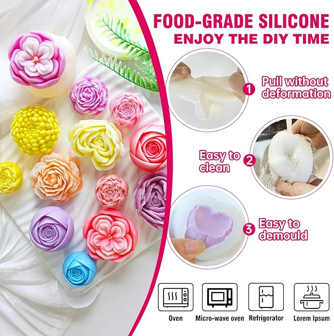 6 PCS Flower Candle Resin Molds Silicone Flower Mold,3D Heart Rose Silicone Mold for Candle Soap Chocolate Making Valentine Mother Day Silicone Mold Rosas Silicona para Velas