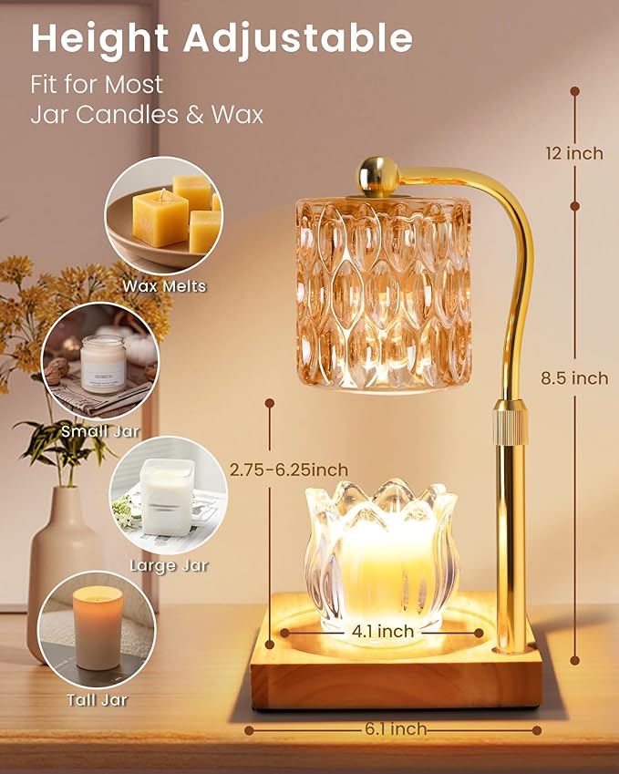 Candle Warmer Lamp Adjustable Height with Timer Dimmer, Dimmable Glass Wax Melt Warmer Light for Scented Jar, Present for Women Candle Lovers Christmas House Warming Home Decor Brithday, Amber