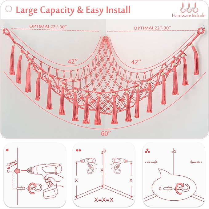 MAKEONEWO Stuffed Animal Toy Hammock Hanging-Handmade Large Pink Macrame Organizer Display Corner Plush Toys Net Holder for Boho Girl Nursery Playroom Bedroom Kids Room Storage, 1 Pack