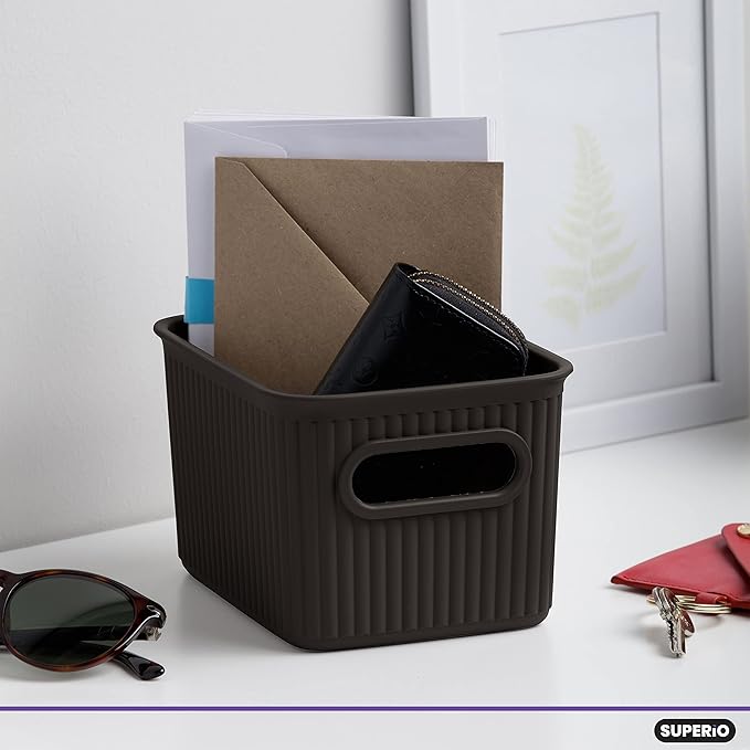 Superio Decorative Plastic Basket Open Home Storage Bins Organizer Baskets, Small, Brown (8 Pack) Container Boxes for Organizing Closet Storage Bins for Shelves Drawer Shelf, 1.5 Liter