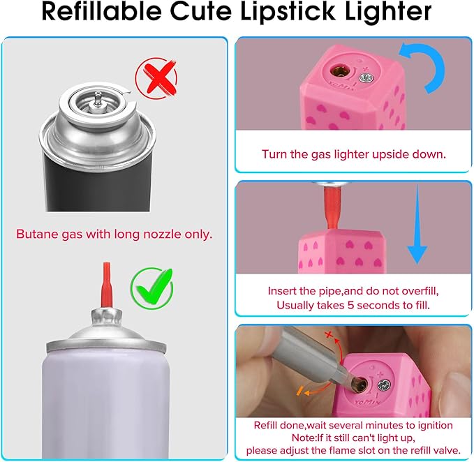 Cute Lipstick Lighter Soft Flame Refillable Butane Lighter, Adjustable Pocket Lighter Delicate Gift for Girls Women Girlfriend on Birthday,Anniversary Red(Without Butane)