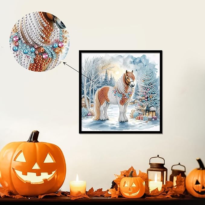 antor Christmas Diamond Painting Kit, 5D Special Shape Diamond Art for Adults, Decorated Horse in Snow Scene DIY Crystal Rhinestones Diamond Painting, Holiday Wall Decor, Winter Home Decoration