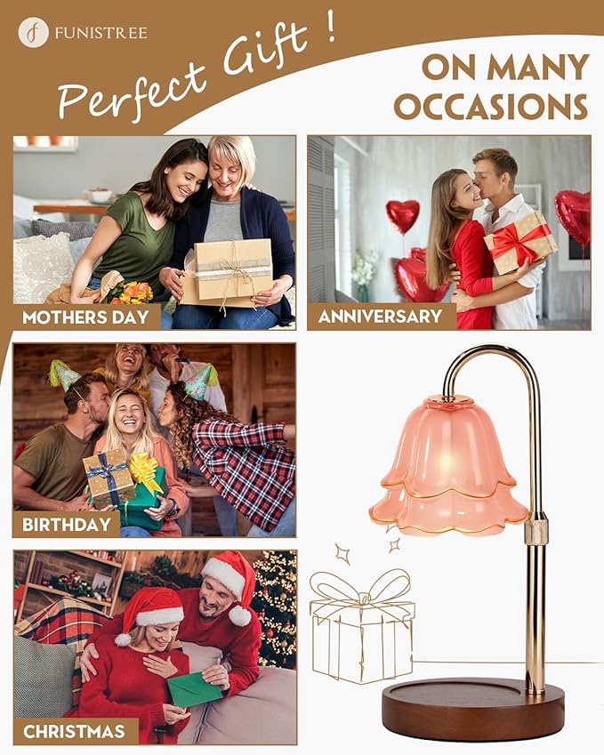 Pink Candle Warmer Lamp with Timer & Dimmer, Adjustable Height Mothers Day Birthday Gifts for Women Mom, Flower Candle Lamp Warmer, Wax Warmer with 2 Bulbs, House Warming New House Decorations