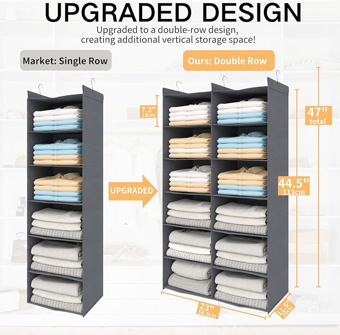 ALLTIDYUP Space-Saving Hanging Closet Storage Organizer – Dual-Row Foldable Shelves with 3 Hooks, 6-Tier Wardrobe Organizer for Dorm, Bedroom, Closet (Grey)