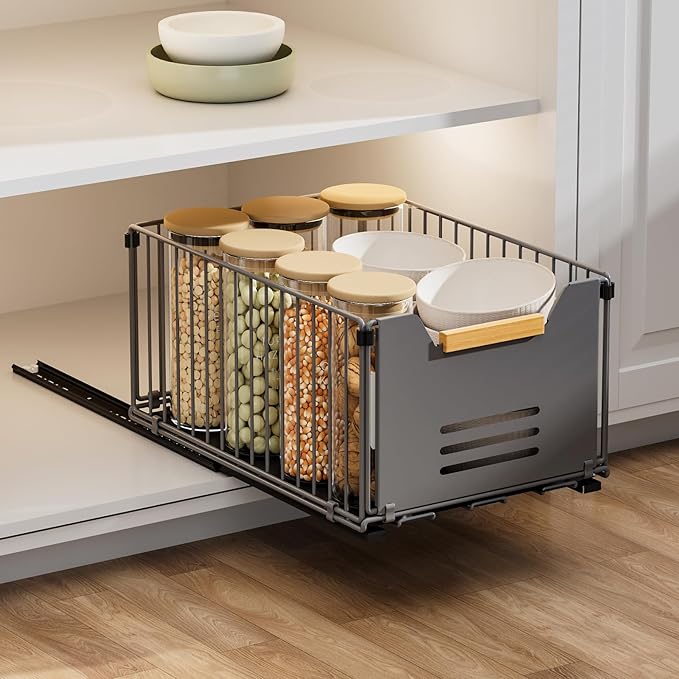 Pull Out Cabinet Organizer, Slide Out Drawers for Cabinets, Peel and Stick, Heavy Duty Shelves for Kitchen, Cupboard, Pantry, Bathroom,high- Gray