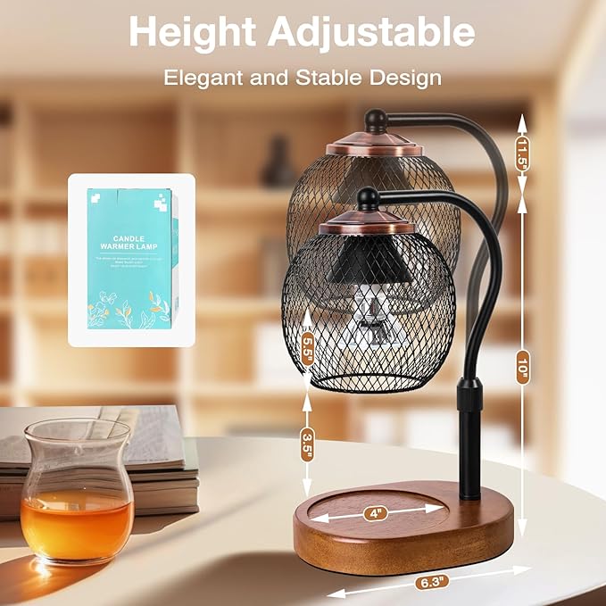 Candle Warmer Lamp with Timer and Dimmable,Height-Adjustable,Black Wax Melt Lamps for Jar Candles,lampara para velas aromaticas, House Warming Gifts, Metal Lampshade with 2 Bulbs