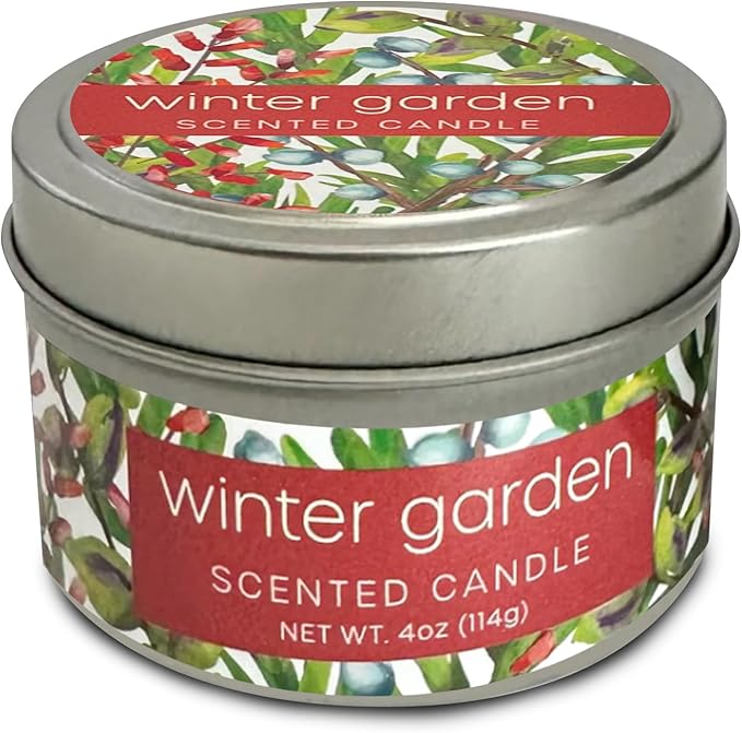Greenwich Bay Hand-Poured Scented Candle in Decorative Tin – 4 oz/114 g Travel Candle with Lead-Free Wick, Vegetable Wax, Long-Burning Aromatherapy Gift, Single Wick – Made in USA (Winter Garden)