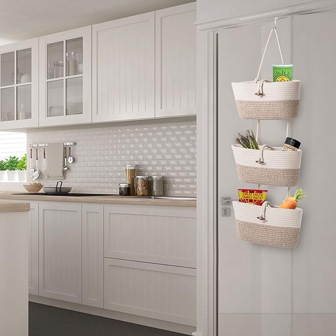 Over the Door Basket Cotton Rope Organizer, 3-Tier Wall Hanging Storage Basket, Closet Organizing, Decorative Baskets for Organizing Living Room—14.5“x7 (Apricot)