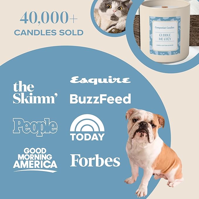 Companion Candles Cuddle Me Cozy Pet-Friendly Scented Candle – Linen, Cotton & Musk Fragrance - Coconut Soy Wax Candle with Wooden Wick, Approx. 50-Hour Burn Time, Made in USA, 11.8 oz