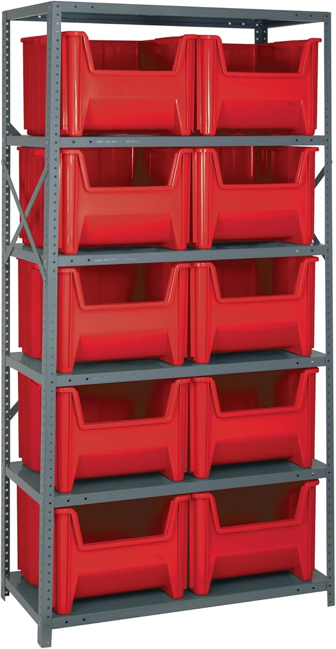 Quantum Storage Systems QSBU-800RD Solid Heavy Duty 6 Shelves 10 Giant Stack Red Bins 75" H x 36" W x 18" D