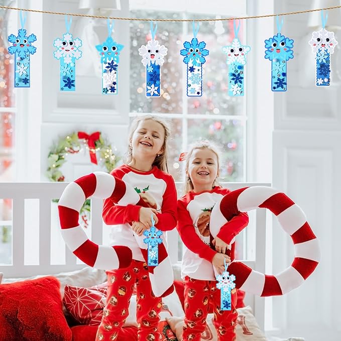 Funrous 48 Sets Winter Crafts Kit Snowflake Bookmarks Bulk DIY Make Your Own Christmas Hanging Ornaments Arts with Pompoms Diamond Stickers for Holiday Classroom Activities Wonderland Party Favors