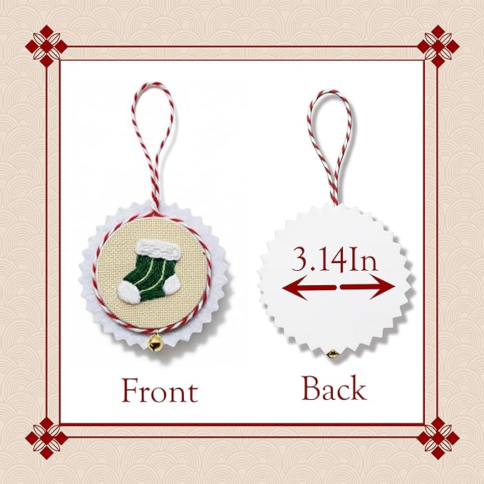 TenDawn Christmas Embroidery Ornament Kit, Set of 6 DIY Holiday Decorations – Santa, Tree, Stocking, Hot Cocoa, Candle & Gift Designs – Rustic Handmade Christmas Decor