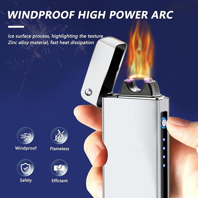 BABOBIU Cool Lighter Flame Lighter Rechargeable Lighters Windproof Lighters Metal Body Battery Display Arc Flame Push Button Type-C Fast Charging for Camping BBQ Fireworks Gifts (Silver)