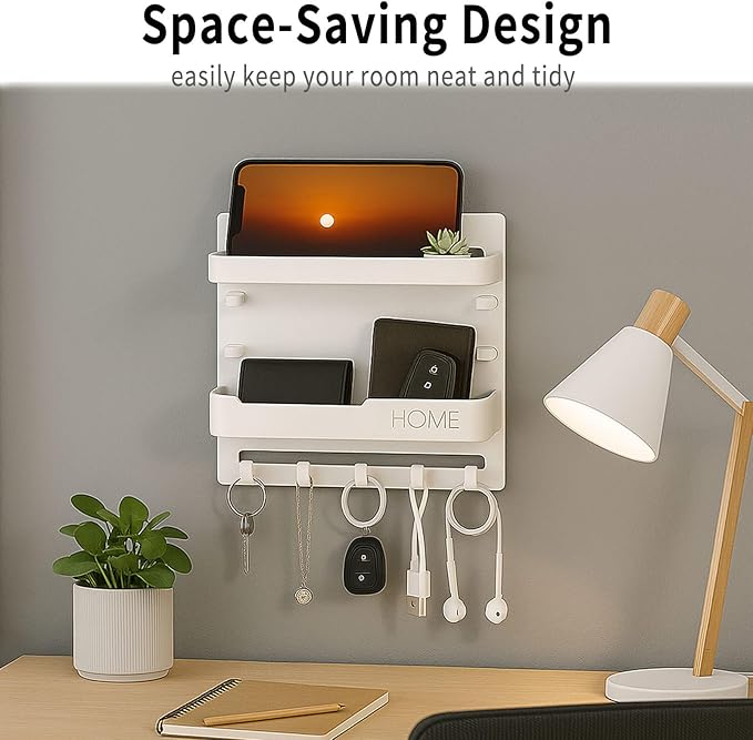 Wall Mount Bedside Shelf with Hooks, Adhesive Bedroom Organizer Storage for Phone, Remote, Kindle, Earphone, Dorm Room, RV, Office – Plastic Storage Rack (White)