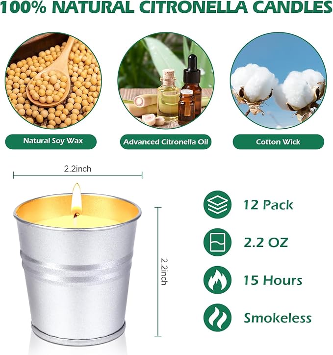 Citronella Candles Outdoor Indoor, 12 Pack Citronella Candles for Patio, Summer Outdoor Candle Bulk for Home Garden Yard Camping Outside Decorative, 2.2oz Small Candle Set