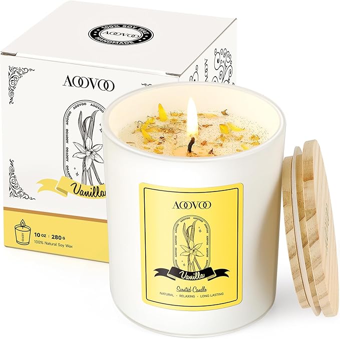 AOOVOO Vanilla Scented Candles for Women - Aromatherapy Candle with Crystals Inside, 10oz Soy Candles for Home Scented, Birthday Gifts Valentines Day Candle for Women Mom