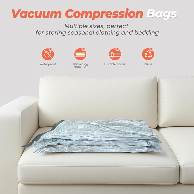 Vacbird Travel Vacuum Seal Bags, 8 Pack 34" Vacuum Storage Bags with Rechargeable Cordless Pump Compression Packing for Clothing Clothes Blanket Bedding, Space Saver for Suitcase Luggage