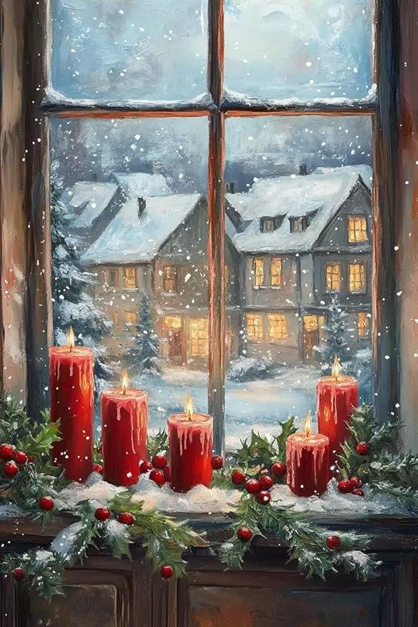 TMOLZ Holly Berry Candlelight Diamond Art Kit, DIY 5D Window Scene Painting for Adults, Premium Home Office Wall Decor Gift - 20x24 Inch
