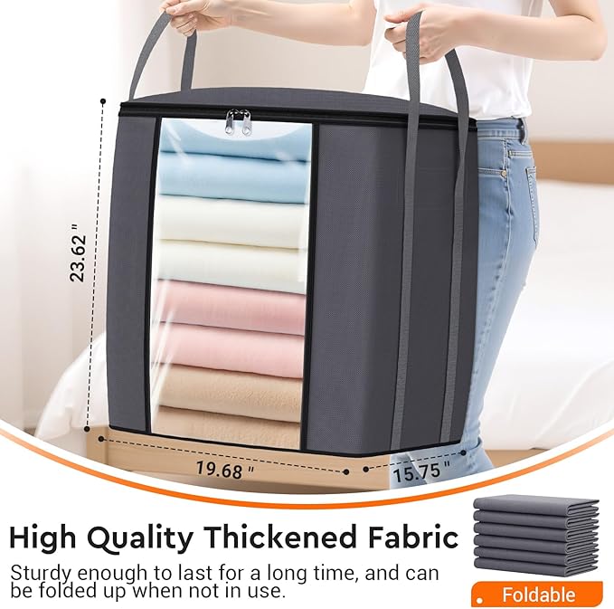 TasticTotes 120L Extra Large Clothes Storage Bags, Foldable Blanket Storage and Organization, Thick Fabric Containers with Reinforced Handles & Zippers for Clothing, Comforters, Bedding, Gray, 6 Pack