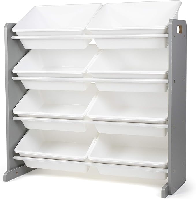 Humble Crew 8-Bin Toy Organizer – Large Storage Bins with Grey Wood Frame & White Plastic Totes, 4-Tier Kids’ Organizer Shelf with Safety Braces and Anti-Tip Kit