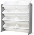Humble Crew 8-Bin Toy Organizer – Large Storage Bins with Grey Wood Frame & White Plastic Totes, 4-Tier Kids’ Organizer Shelf with Safety Braces and Anti-Tip Kit