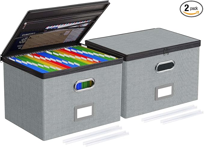 Oterri 2 Pack Large File Organizer Boxes with Lids, File Box with Mesh Pockets, Document Organizer Box for Letter/Legal Size Folders, Zippers Important Document Organizer (Grey, Without Folders)
