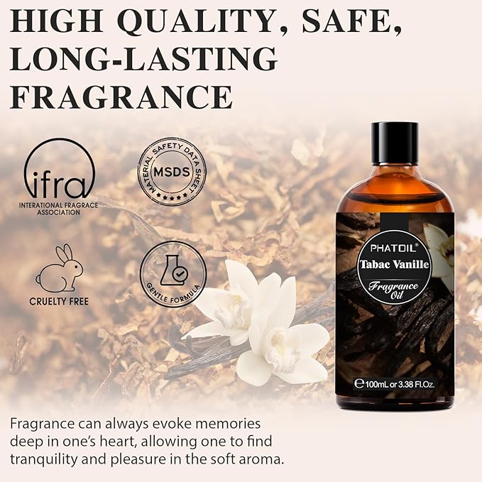 PHATOIL 3.38FL.OZ Tabac Vanille Fragrance Oils for Aromatherapy, Essential Oils for Diffusers for Home, Perfect for Diffuser, Yoga, Skin Care, DIY Candle and Soap Making - 100ml