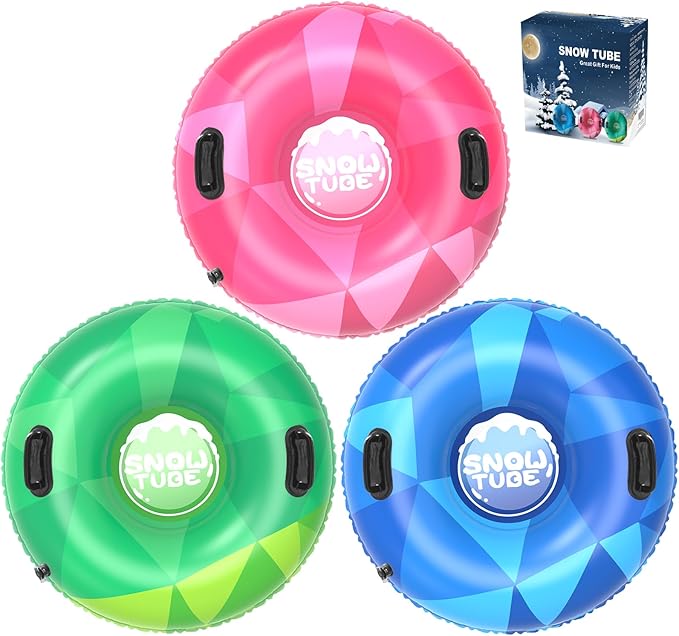 WOLKEK 3Pack Snow Tubes, Snow Sled for Kids and Adults, Cold-Resistant Inflatable Snow Tube, Thickened Heavy Duty Sleds for Winter with Handles, Snow Toys, Snow Sleds for Family Activities Outdoor Fun
