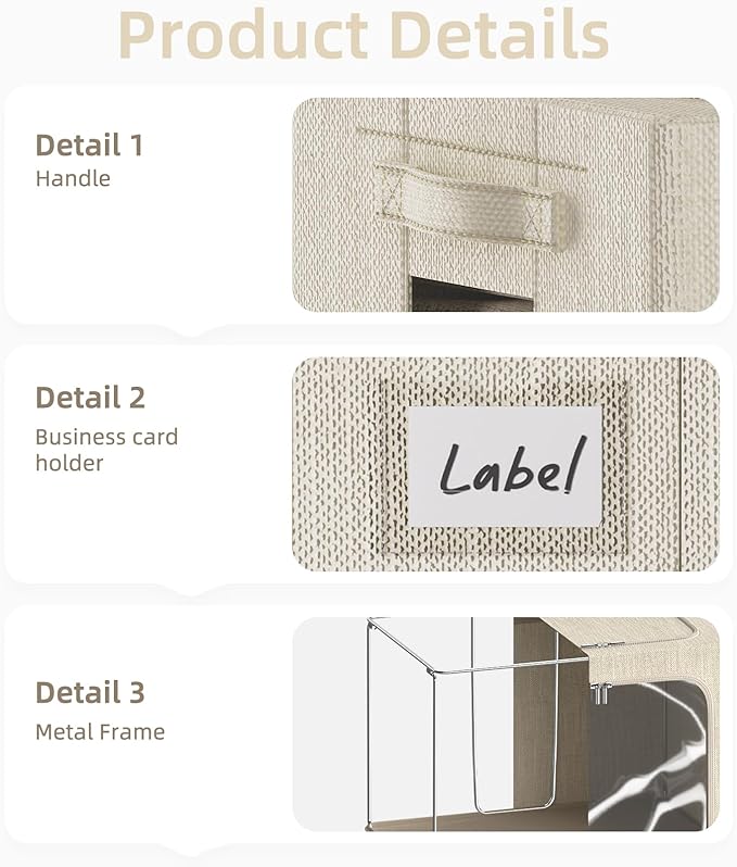 FHSQX 2 Pack Clear Window Storage Bins - Large Stackable Linen Fabric Storage for Clothes Foldable Container Organizer Set with Carrying Handles (Beige, 16.5x 12.2x 12.2Inch)