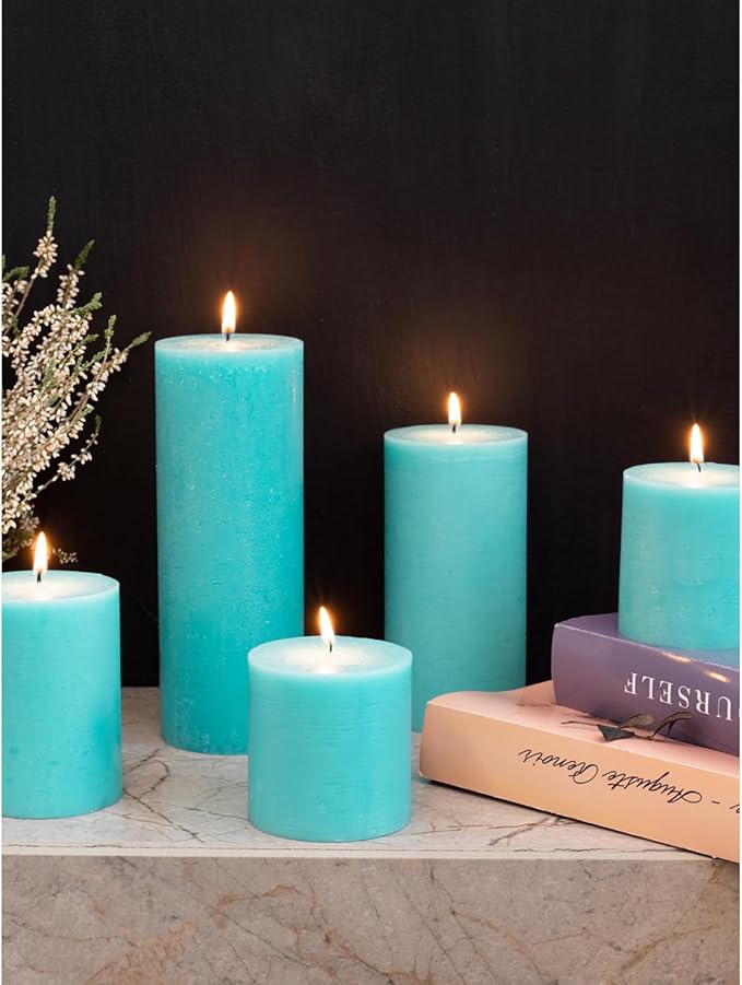 CANDWAX 3x3 Pillar Candles Set of 3 - Rustic Unscented No Drip Turquoise Candles for Home Decor, Weddings, Centerpieces
