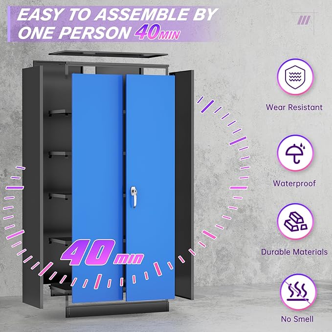 Superday Metal Storage Cabinets, 72" Storage Cabinet with Locking Door, Tall Garage Cabinet with 2 Doors and 4 Adjustable Shelves for Home Office, Classroom, Easy Assemble(Black Blue)