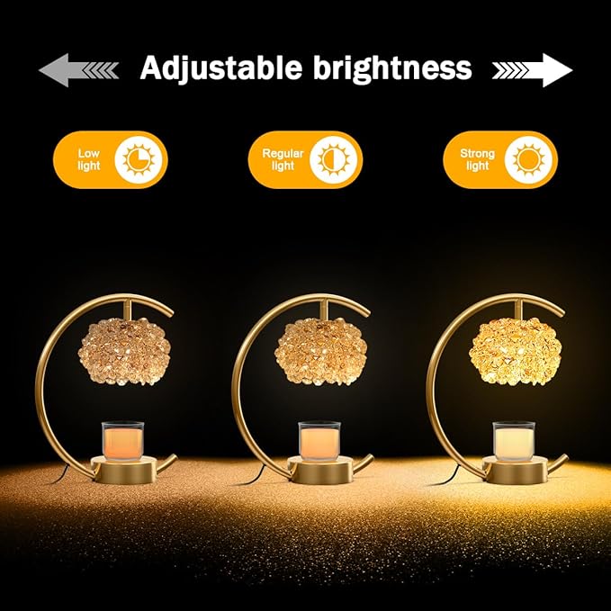 Yeuslor Bronze Candle Warmer Lamp for Jar Candles with Adjustable Brightness＆Timer，Handcrafted Crystal＆Wooden Base,Candle Lamp Luxurious Design+2Bulbs,Home Decoration Electric Candle lamp(C-Shaped)