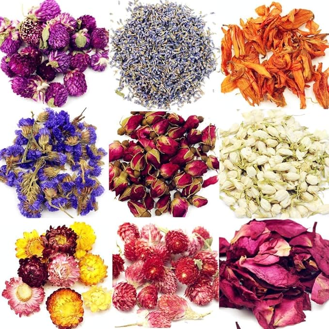 9 Bags Set Dried Flowers Artisan Dried Flower Kit - Candle Making Soap Making DIY Candel Natural Flowers-Lemon,Lavender,Roseleaf,Pink Rose,Red Rose,Jasmine,Rose Petal and More