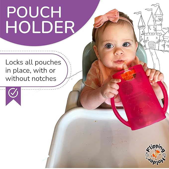 Flipping Holder with lid for Food Pouches & Juice Boxes - Multipurpose Design - Prevent Messes & Support Self-Feeding - Handles for Easy Grasping - Made in USA