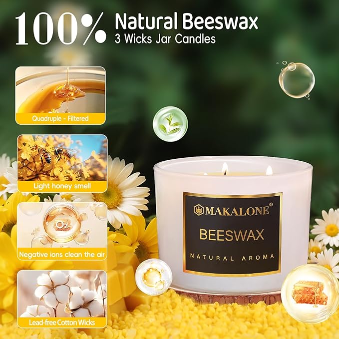 3 Wick Beeswax Jar Candle-42 H Long-Lasting Burn,Natural Air Purifying Candle,Non-Toxic,Smokeless,Natural Honey Aroma Handmade Beeswax White Jar Candles for Home,Yoga,Meditation,Sleep Aid,Ritual