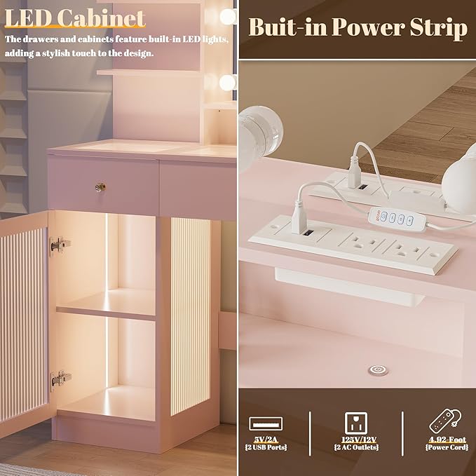 INNOD Pink Vanity Desk with Large Mirror and Lights, Modern Glass Top Makeup Vanity Set with Power Outlet,