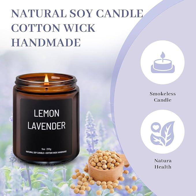 Luxury Lemon & Lavander Scented Candles Gift Set-100% Natural Soy Wax, 50H Clean Burn, Hand-Poured, Relaxing Aromatherapy for Home, Bedroom, Yoga & Spa,9oz-255g