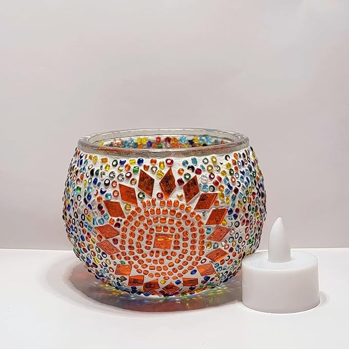 wpdash Handmade Turkish Mosaic Candle Holder Round & Colorful Decor for Bedroom & Living Room Home Ambience Light Children's Day DIY Handmade Gift Creative Festival Gift