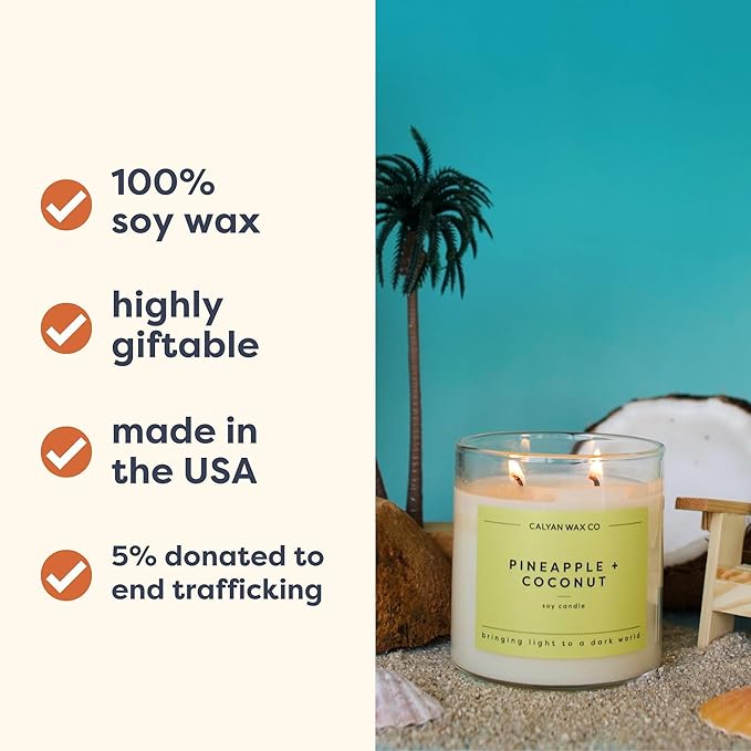 Calyan Wax Co. Pineapple & Coconut 2 Wick Scented Candle - 37 Hour Burn - Luxury Non Toxic Soy Wax Candles - Long Lasting Large Glass Jar Candle for Home - 8.8oz