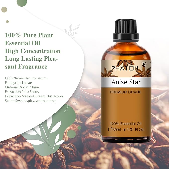 Anise Star 1.01fl.oz Essential Oil, PHATOIL Pure Aromatherapy Oils for Diffuser, Humidifier, Perfect for DIY Soap, Candle, Bath Bombs Making(30ml)