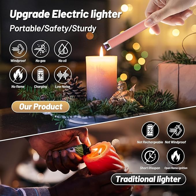 VEHHE Rechargeable Lighter, Windproof Flameless Extended Electric Candle Lighter with Anti-False-Touch Lock for Birthday BBQ Camping-Rose Gold