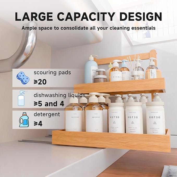2-Tier Under Sink Pull Out Organizer, Bamboo Cabinet Storage Shelf with Adjustable Height, Slide Out for Kitchen Bathroom Pantry Cabinet