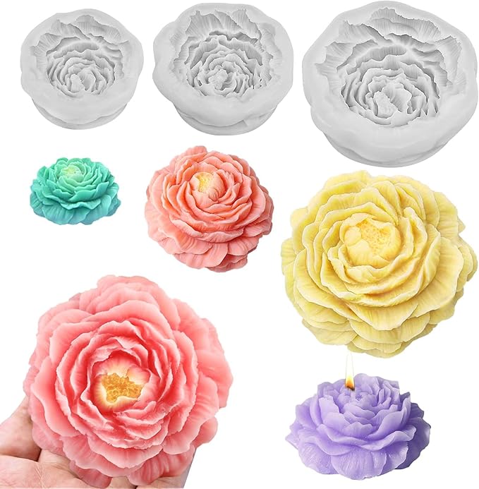 3 Pcs Peony Candle Mold for Candle Making, Set of Large + Medium +Small 3D Peony Flower Silicone Molds for Epoxy Resin Casting Wax Soap Clay Plaster Home Décor Handmade Gift