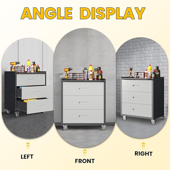 Garage Storage Cabinets with Wheels, Locking Metal Storage Cabinets with 3 Drawers, Easy Assembly Rolling Tool Cabinet for Garage, Basement,Warehouse