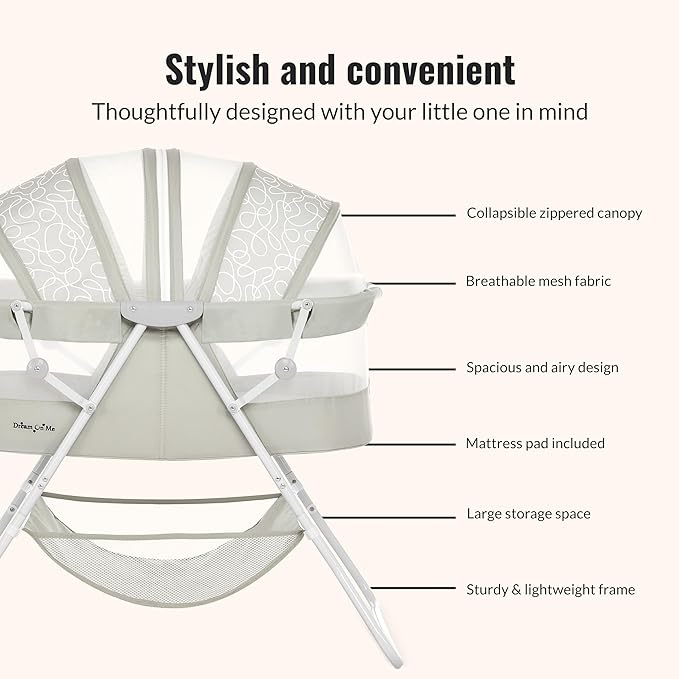 Dream On Me Karley Bassinet, Award Winner Lightweight Travel Baby Bassinet, Foldable Bedside Sleeper, Adjustable Double Canopy, Spacious Design, Soft Fabric, Storage Basket – Cool Gray